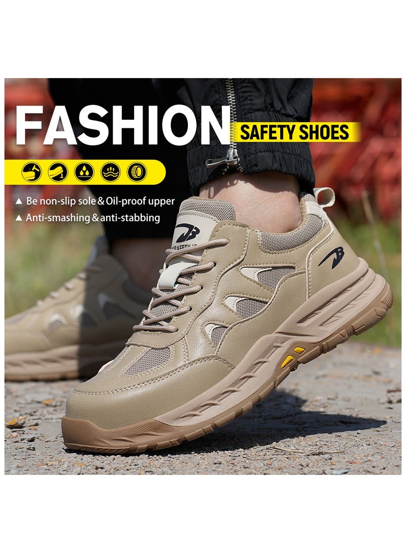 Breathable labor protection shoes, anti-smash and anti-puncture steel toe safety shoes, comfortable and wear-resistant work shoes, lightweight adventure sports shoes khaki - Image 5
