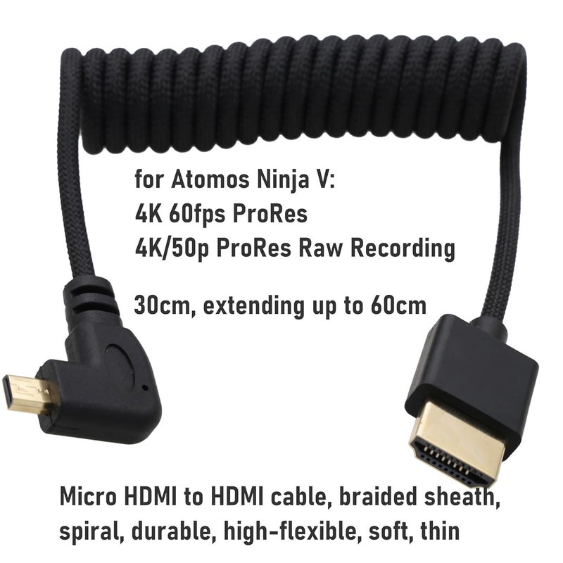كابل بزاوية يسرى من Micro HDMI إلى HDMI 8K 4K 60p ملفوف لـ Ninja V Monitor، Sony A7C R، Canon R6 mkII، XT30II، Lumix S9 Camera، النوع A إلى النوع D، بربطانة سوداء - Image 2