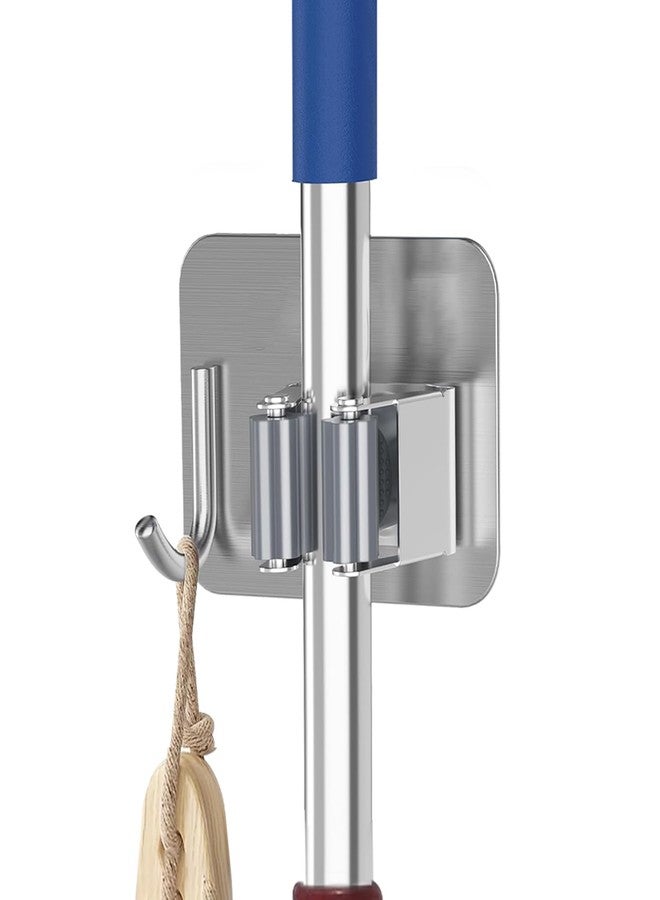 GRISHVA Stainless Steel 1 Rack With 1 Hook Heavy Duty Wall Hard_Floor Mounted Broom And Mop Stick Holder, Hanging Tools For Home Kitchen Garden Laundry Garage (Silver) - Image 1