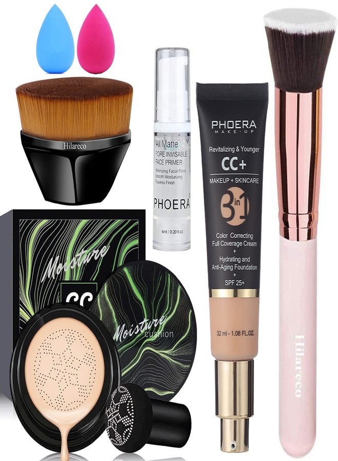 Hilareco Air Cushion CC Cream Natural Foundation,PHOERA CC+ Cream Color Correcting Anti Aging Hydrating Serum &SPF 25+,PHOERA Face Primer, Kabuki Brush Foundation Brush Makeup Sponge(#02Natural CC +120 Nude) - Image 1