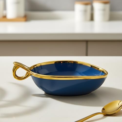 Lemon Tree Ceramic Triangular Deep Snack Bowl with Golden Rim & Hook Shape Handle, Ideal for Serving Snacks, Salads, Desserts, Fruits & Chips (Blue) - Image 1