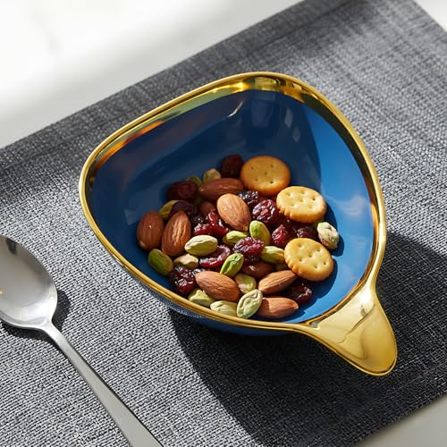 Lemon Tree Ceramic Triangular Deep Snack Bowl with Golden Rim & Hook Shape Handle, Ideal for Serving Snacks, Salads, Desserts, Fruits & Chips (Blue) - Image 3