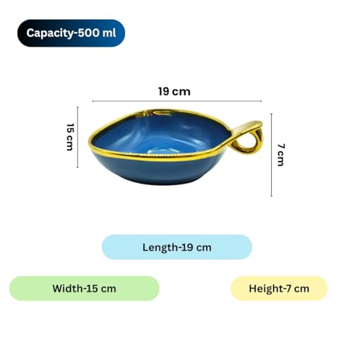 Lemon Tree Ceramic Triangular Deep Snack Bowl with Golden Rim & Hook Shape Handle, Ideal for Serving Snacks, Salads, Desserts, Fruits & Chips (Blue) - Image 5