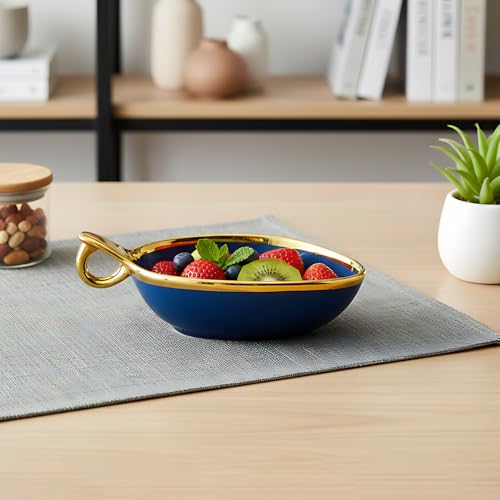 Lemon Tree Ceramic Triangular Deep Snack Bowl with Golden Rim & Hook Shape Handle, Ideal for Serving Snacks, Salads, Desserts, Fruits & Chips (Blue) - Image 2