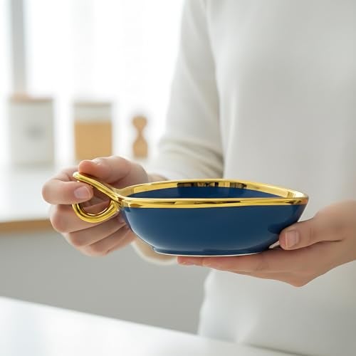 Lemon Tree Ceramic Triangular Deep Snack Bowl with Golden Rim & Hook Shape Handle, Ideal for Serving Snacks, Salads, Desserts, Fruits & Chips (Blue) - Image 4