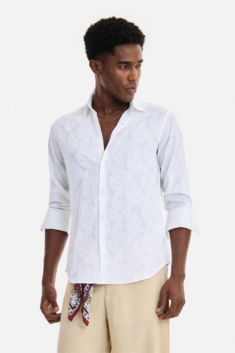 SNITCH White Floral Long Sleeve Slim Fit Shirt