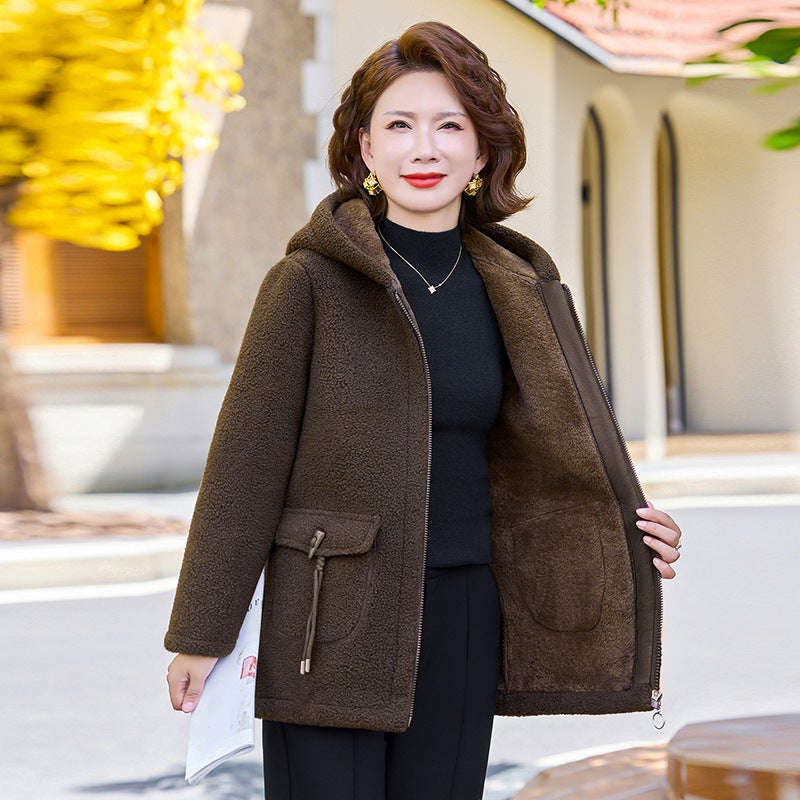 New Stylish Jacket For Middle-Aged Women, Hooded, Fleece-Lined, Thickened, Casual Cotton Coat For Middle-Aged And Elderly Women