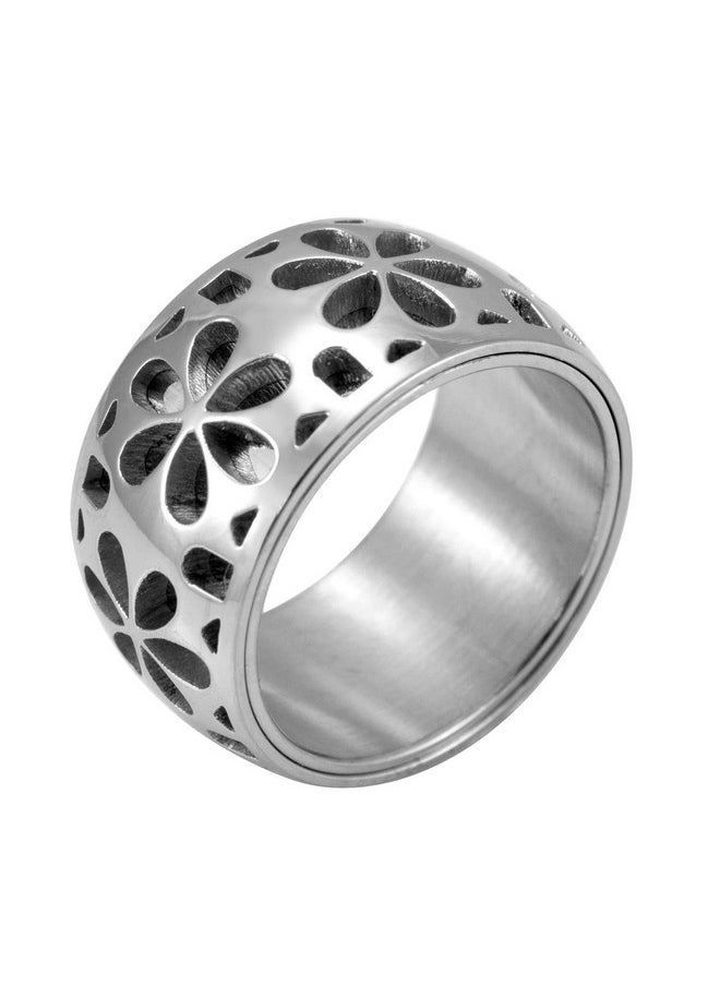 555Jewelry - Edgy Stainless Steel Engraved Daisies Hawaiian Plumeria Flower Full Bloom Blooming Memorable Unisex Wedding Engagement Band Fashion Jewelry Accessory Ring, Silver Size 7 - Image 1