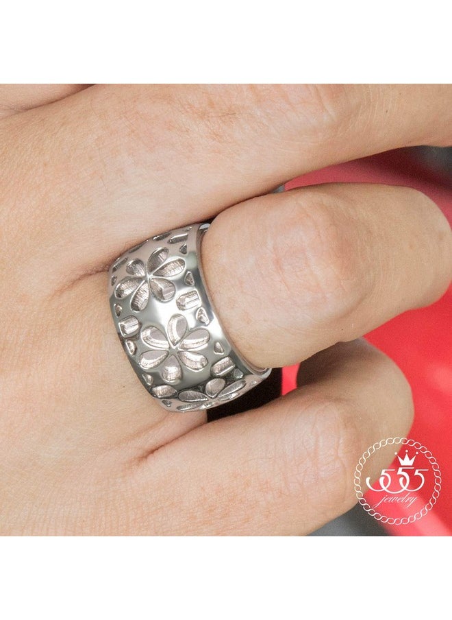 555Jewelry - Edgy Stainless Steel Engraved Daisies Hawaiian Plumeria Flower Full Bloom Blooming Memorable Unisex Wedding Engagement Band Fashion Jewelry Accessory Ring, Silver Size 7 - Image 1