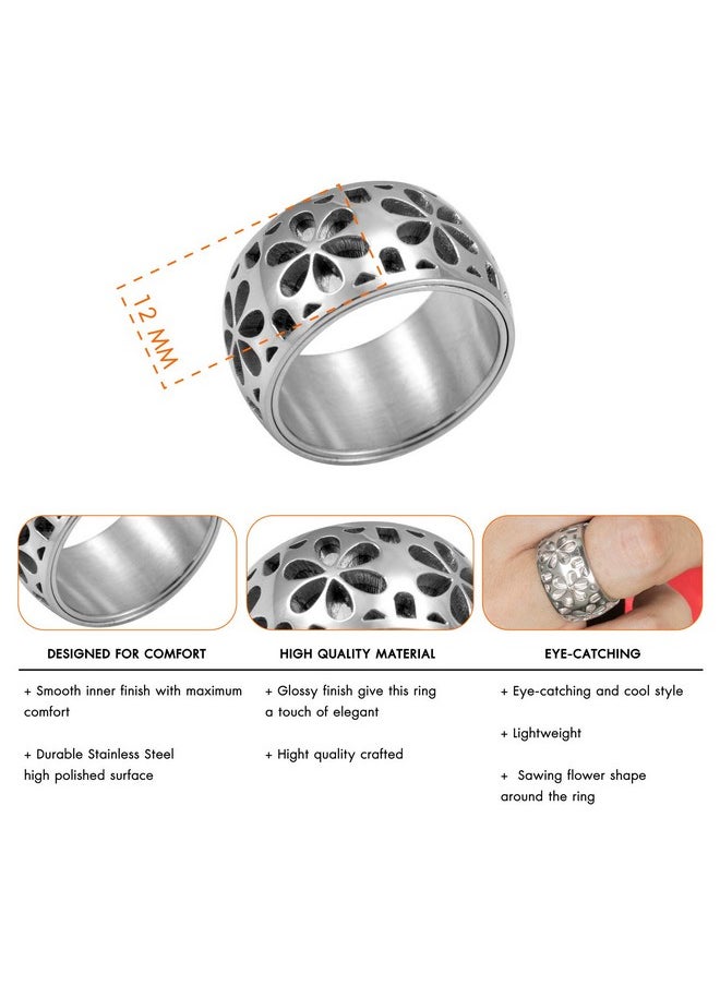 555Jewelry - Edgy Stainless Steel Engraved Daisies Hawaiian Plumeria Flower Full Bloom Blooming Memorable Unisex Wedding Engagement Band Fashion Jewelry Accessory Ring, Silver Size 7 - Image 1