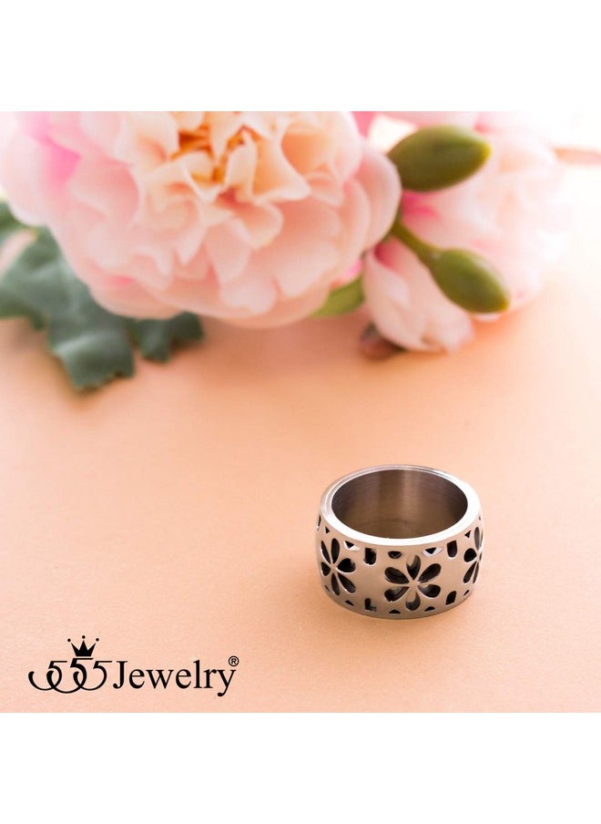 555Jewelry - Edgy Stainless Steel Engraved Daisies Hawaiian Plumeria Flower Full Bloom Blooming Memorable Unisex Wedding Engagement Band Fashion Jewelry Accessory Ring, Silver Size 7 - Image 1