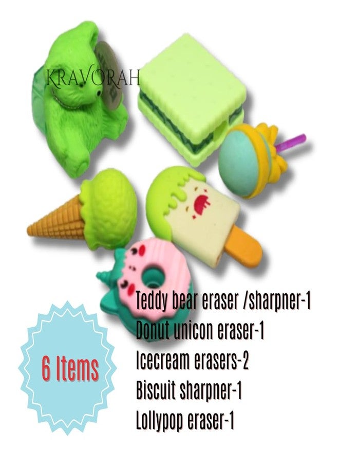 KRAVORAH Food-Themed Stationery Gift Set – Fun Desk Accessories: Ice Cream Sharpener, Lollipop Eraser, Biscuit Sharpener & More – for Kids, Students, Return Gift, Creative Desks (Green Theme) - Image 3