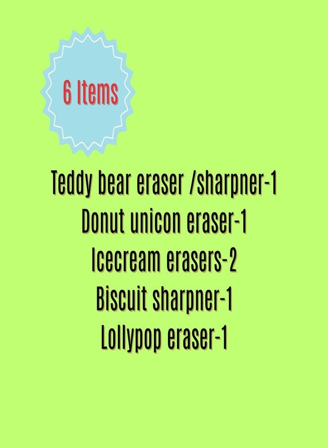 KRAVORAH Food-Themed Stationery Gift Set – Fun Desk Accessories: Ice Cream Sharpener, Lollipop Eraser, Biscuit Sharpener & More – for Kids, Students, Return Gift, Creative Desks (Green Theme) - Image 4