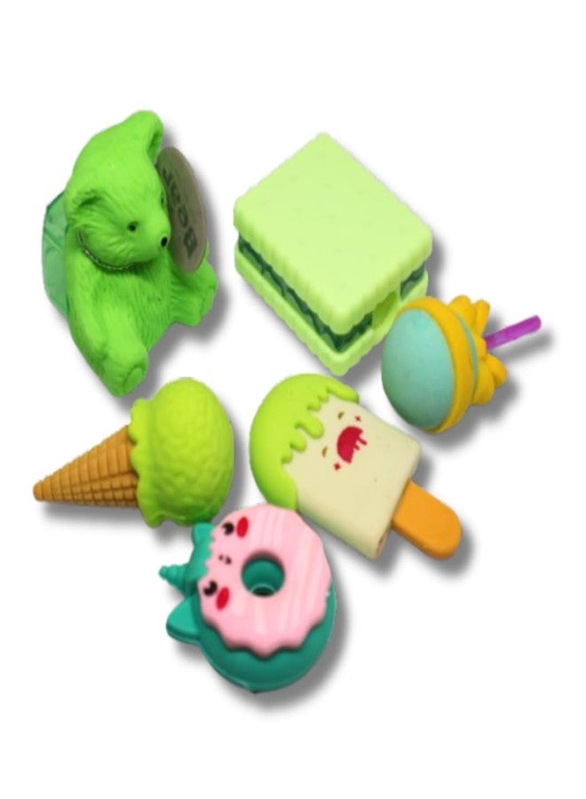 KRAVORAH Food-Themed Stationery Gift Set – Fun Desk Accessories: Ice Cream Sharpener, Lollipop Eraser, Biscuit Sharpener & More – for Kids, Students, Return Gift, Creative Desks (Green Theme) - Image 1