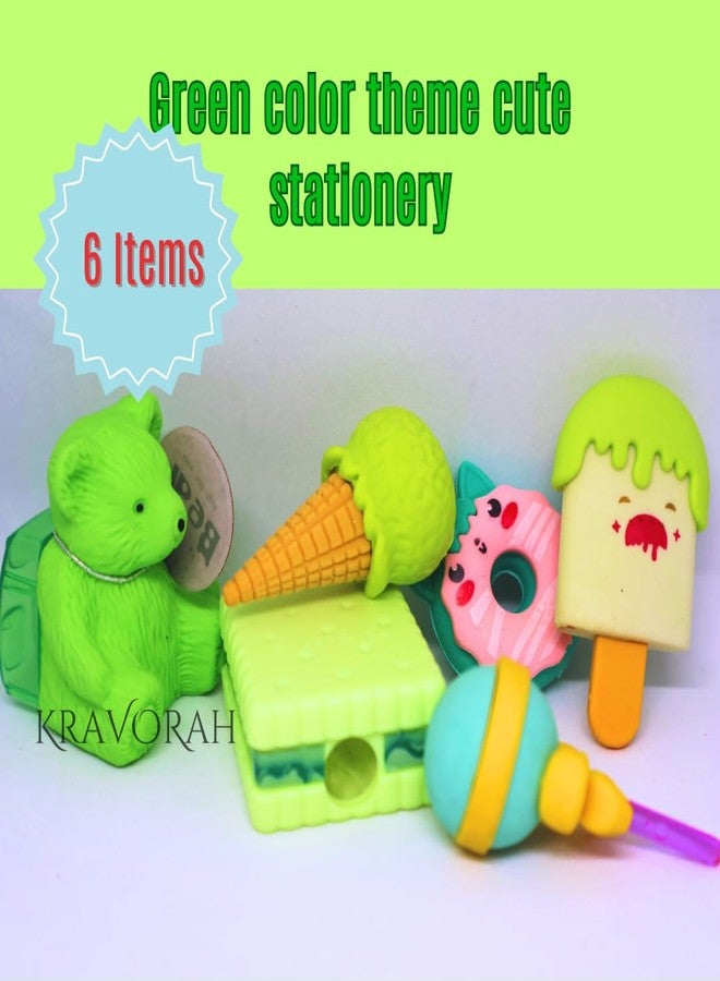 KRAVORAH Food-Themed Stationery Gift Set – Fun Desk Accessories: Ice Cream Sharpener, Lollipop Eraser, Biscuit Sharpener & More – for Kids, Students, Return Gift, Creative Desks (Green Theme) - Image 2