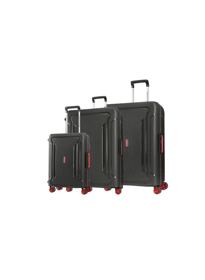 AMERICAN TOURISTER Tribus Suitcase Set of 3, Cabin, Medium & Large (55 + 69 + 78 cm), 4 Spinner Wheels, Hard Top, Polypropylene, Dark Grey|Address Tag|Dual Tube Pull Handle|Scratch Resistant Texture|XtraSecu™ 3-Point Locking System - 3 Years Global Warranty