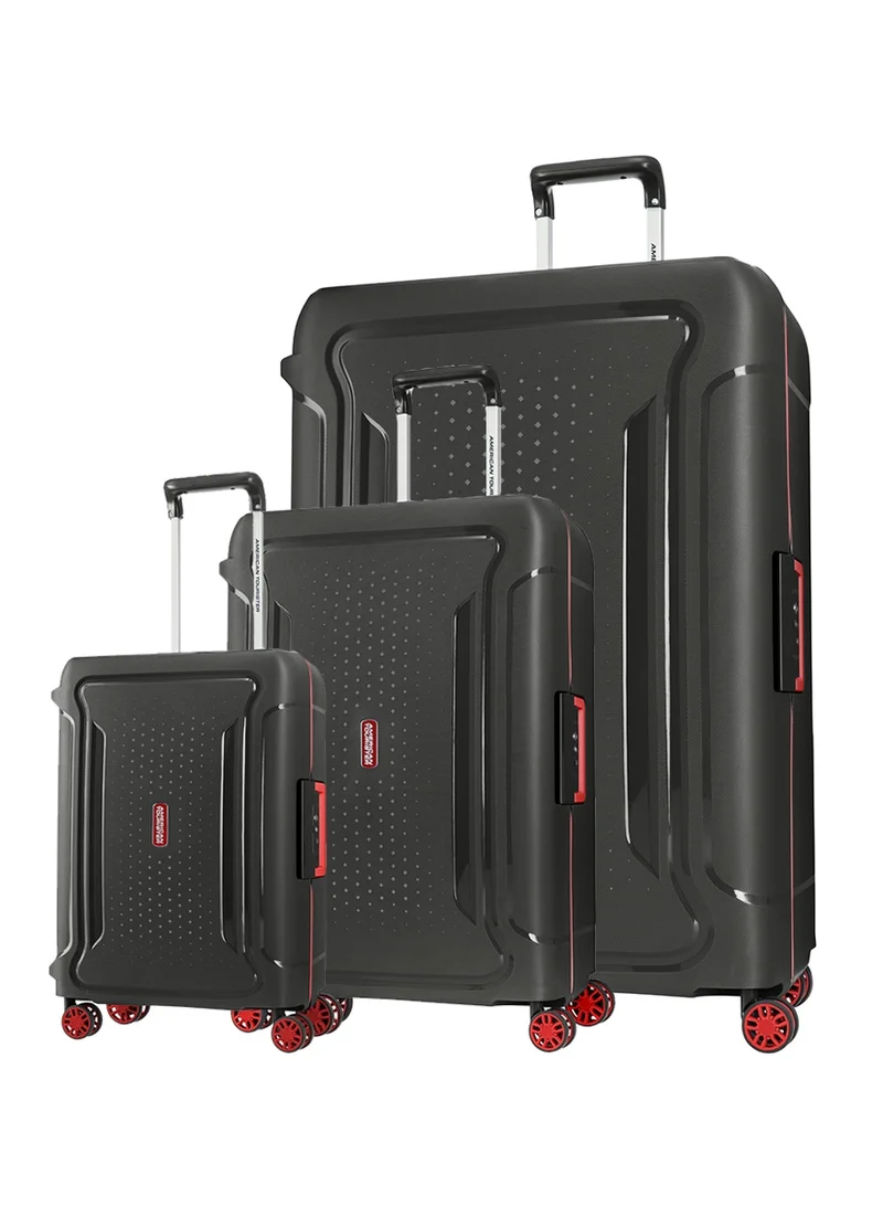 Tribus Suitcase Set of 3, Cabin, Medium & Large (55 + 69 + 78 cm), 4 Spinner Wheels, Hard Top, Polypropylene, Dark Grey|Address Tag|Dual Tube Pull Handle|Scratch Resistant Texture|XtraSecu™ 3-Point Locking System - 3 Years Global Warranty