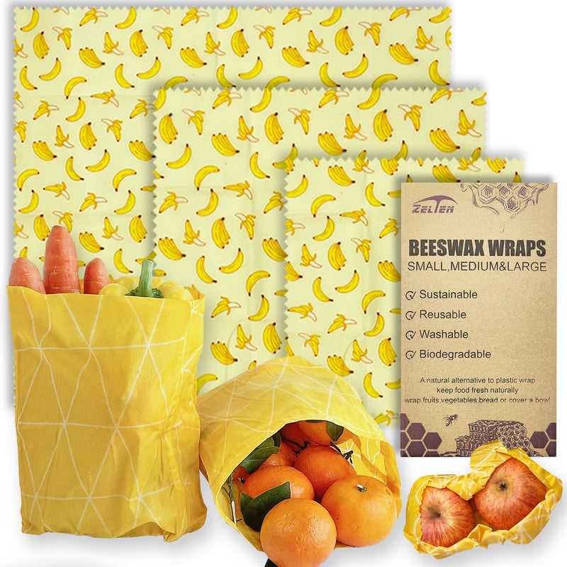 Zelten Beeswax Reusable Food Wraps - (3 Packs, 3 Sizes S,M,L) Plastic and Silicone Free, Eco-friendly Wrap, Wax Paper for Food,Banana - Image 1