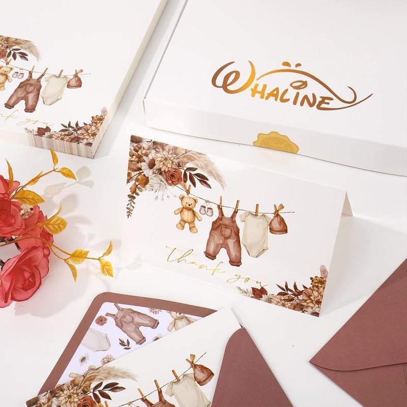 Whaline 50 Pack Baby Shower Thank You Cards Boxed Boho Floral Bear Cloth Note Cards with Envelopes Stickers Greeting Blank Card for Fall Autumn Birthday Baby Shower - Image 4