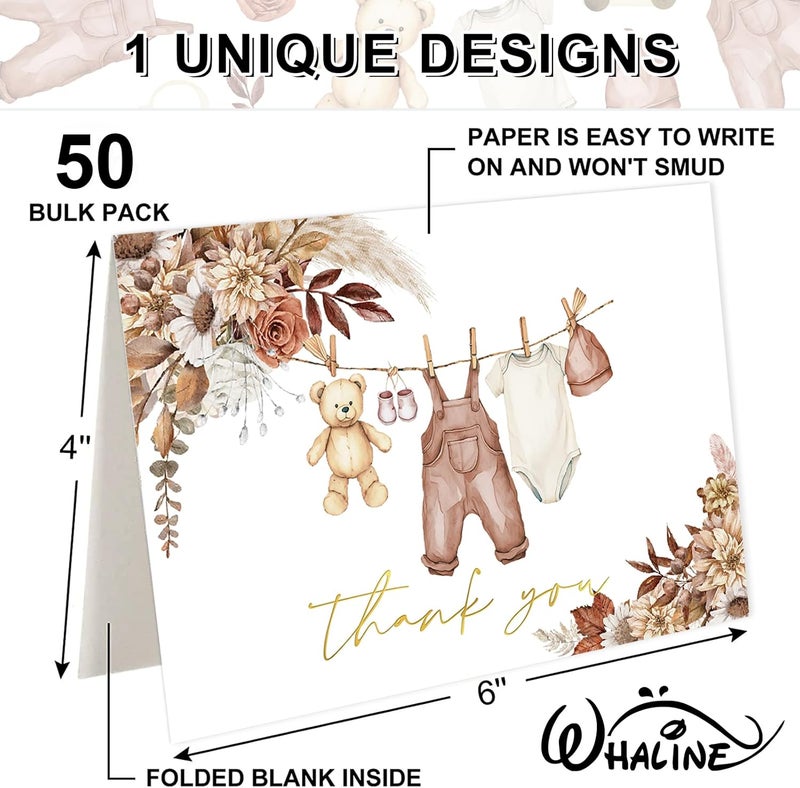 Whaline 50 Pack Baby Shower Thank You Cards Boxed Boho Floral Bear Cloth Note Cards with Envelopes Stickers Greeting Blank Card for Fall Autumn Birthday Baby Shower - Image 2