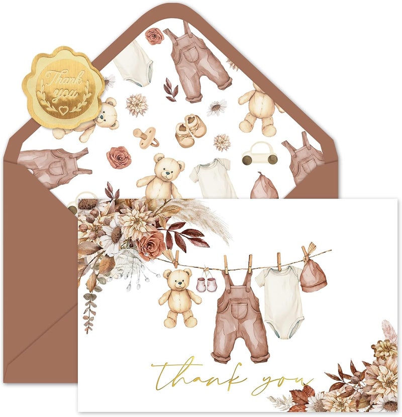 Whaline 50 Pack Baby Shower Thank You Cards Boxed Boho Floral Bear Cloth Note Cards with Envelopes Stickers Greeting Blank Card for Fall Autumn Birthday Baby Shower - Image 1