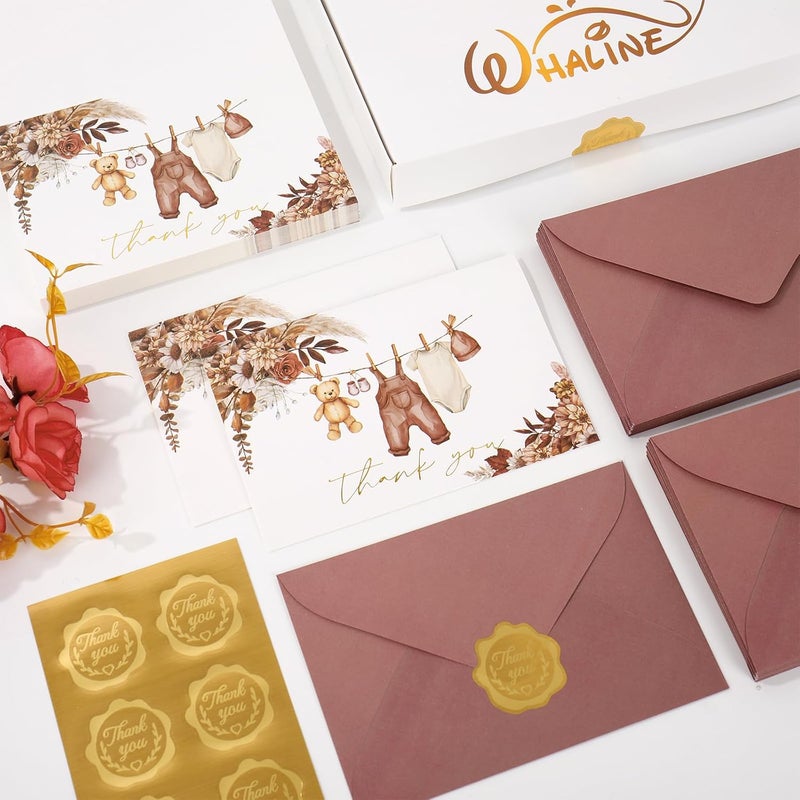 Whaline 50 Pack Baby Shower Thank You Cards Boxed Boho Floral Bear Cloth Note Cards with Envelopes Stickers Greeting Blank Card for Fall Autumn Birthday Baby Shower - Image 5