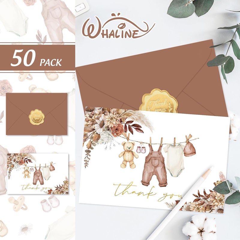 Whaline 50 Pack Baby Shower Thank You Cards Boxed Boho Floral Bear Cloth Note Cards with Envelopes Stickers Greeting Blank Card for Fall Autumn Birthday Baby Shower - Image 3