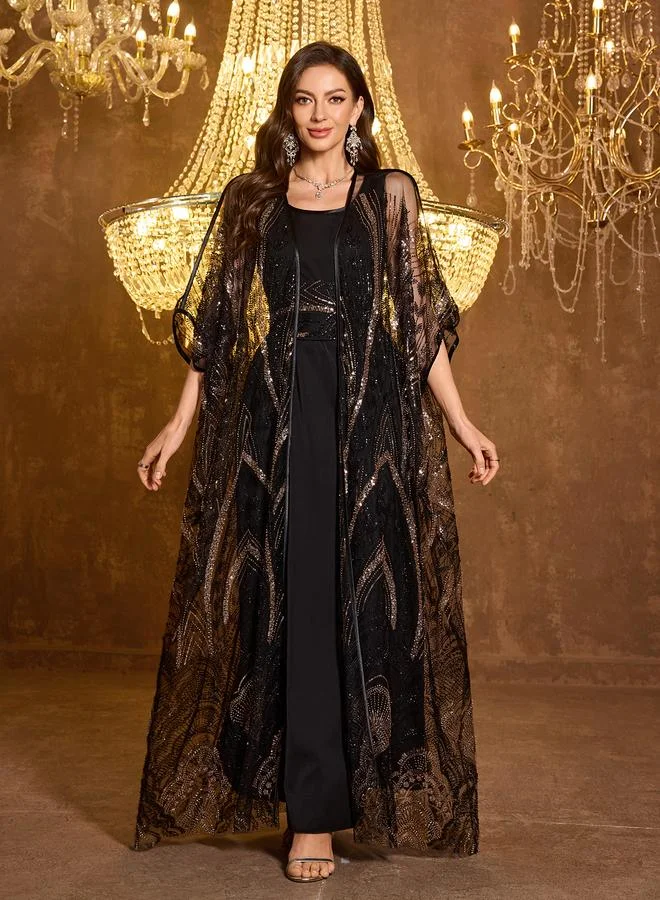 Supgir Black Sequin Mesh Kimono and Maxi Dress Co-ord Set