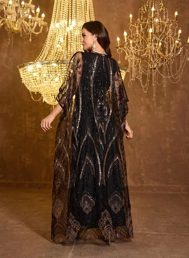 Supgir  Black Sequin Mesh Kimono and Maxi Dress Co-ord Set for Women | Best Price UAE