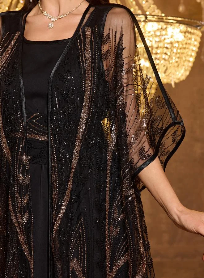 Supgir  Black Sequin Mesh Kimono and Maxi Dress Co-ord Set for Women | Best Price UAE