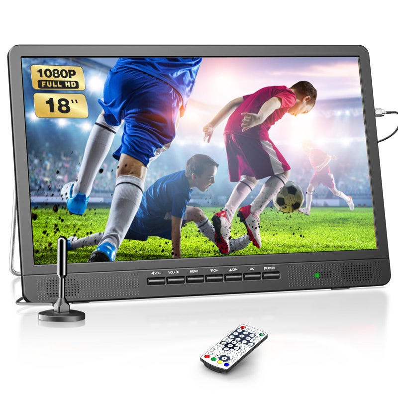 Desobry 18.5" Portable TV with Antenna, 1080P LED TV with HDMI Input/AV Input/USB Port, Small TV for Kitchen, Camping, RV, Bedroom, Patio, Indoor Outdoor Portable T V Built-in Stand - Image 1