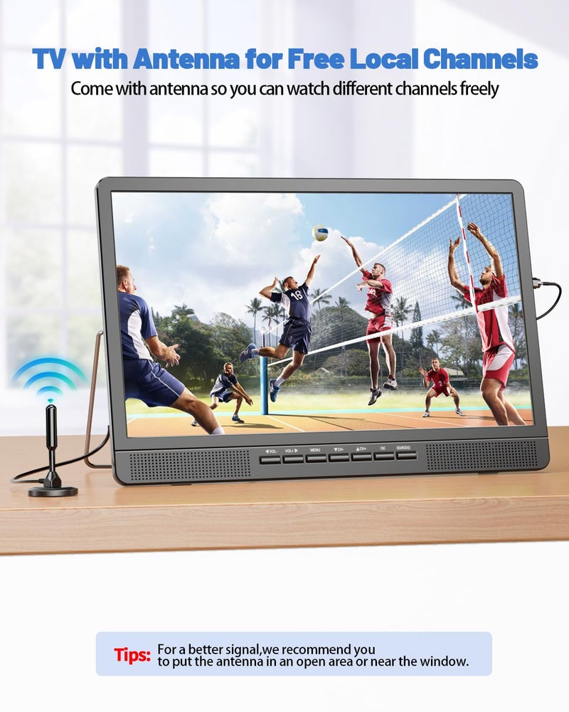 Desobry 18.5" Portable TV with Antenna, 1080P LED TV with HDMI Input/AV Input/USB Port, Small TV for Kitchen, Camping, RV, Bedroom, Patio, Indoor Outdoor Portable T V Built-in Stand - Image 2