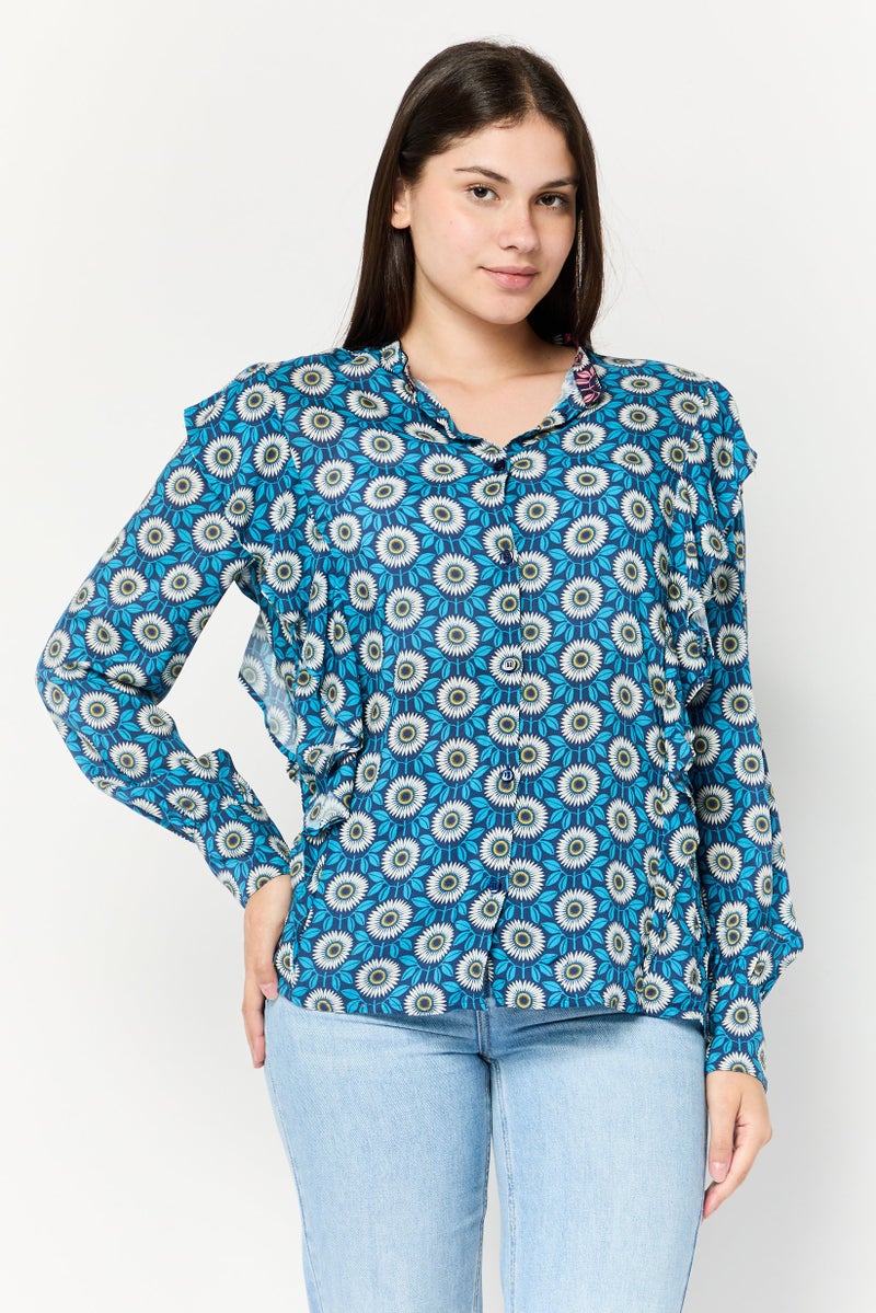 Harmont & Blaine Women Mock Neck Long Sleeves Floral Print Blouse, Multicolor  - Image 1