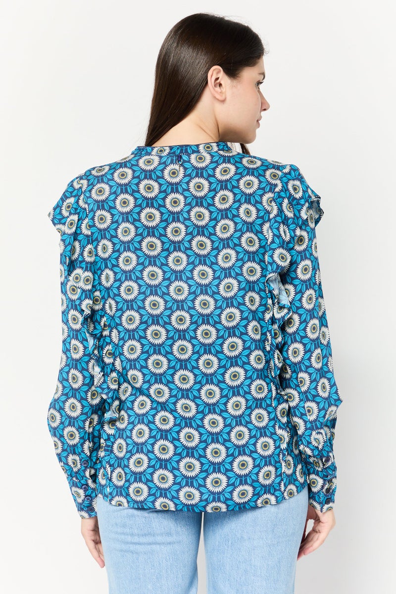 Harmont & Blaine Women Mock Neck Long Sleeves Floral Print Blouse, Multicolor  - Image 4