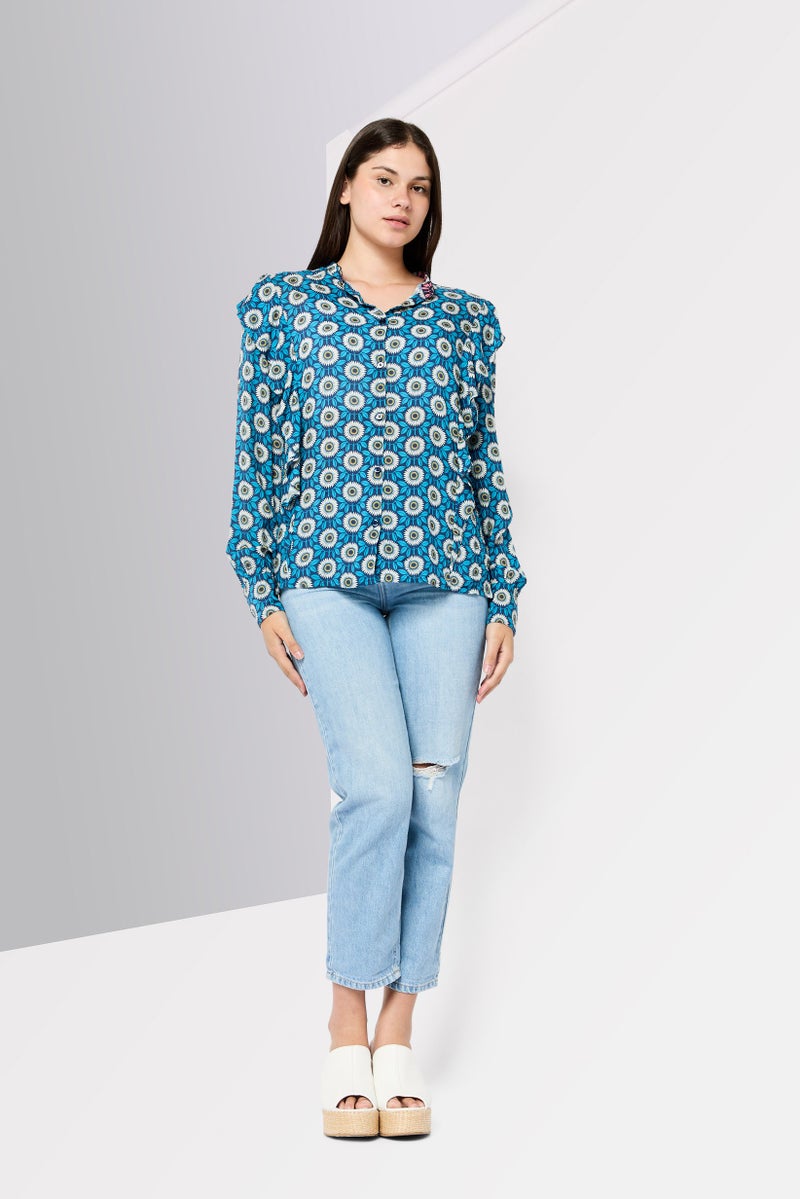 Harmont & Blaine Women Mock Neck Long Sleeves Floral Print Blouse, Multicolor  - Image 2