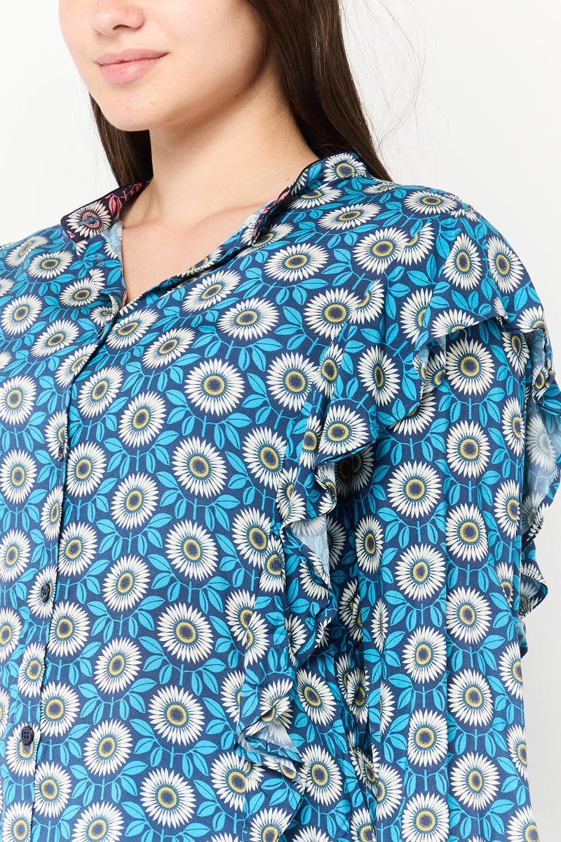 Harmont & Blaine Women Mock Neck Long Sleeves Floral Print Blouse, Multicolor  - Image 3