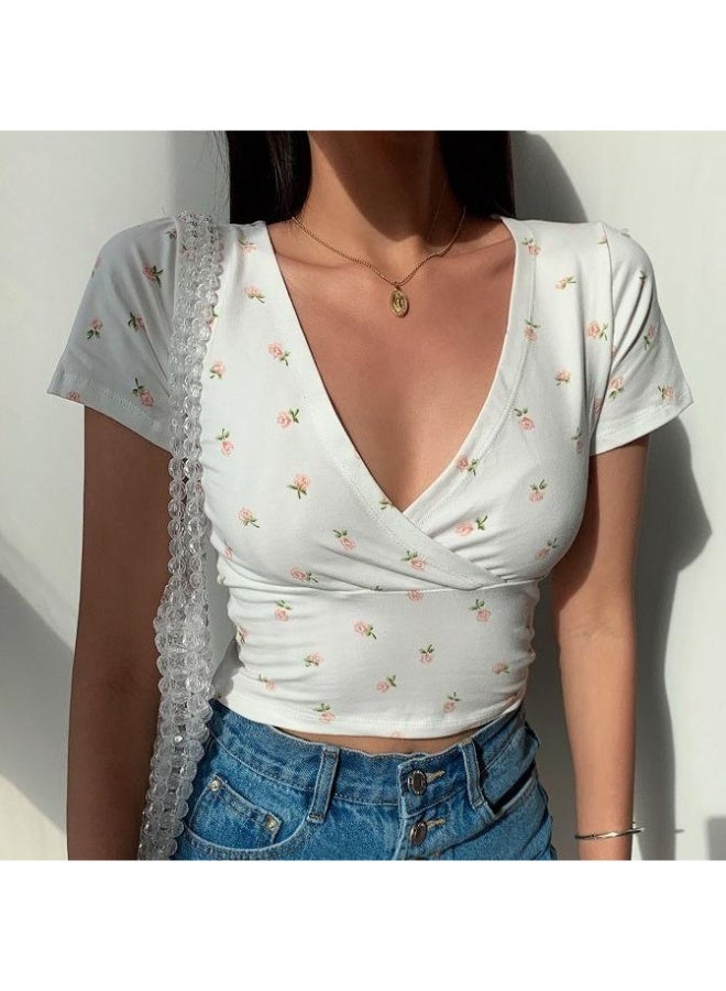 New Arrival Floral Short Navel Elegant Top Women's Summer Slim-fit Slimming V-neck Short-sleeved Korean Style Trendy T-shirt For Women - Image 3