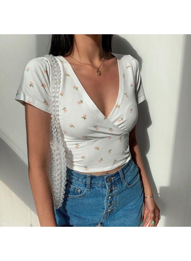 New Arrival Floral Short Navel Elegant Top Women's Summer Slim-fit Slimming V-neck Short-sleeved Korean Style Trendy T-shirt For Women - Image 4