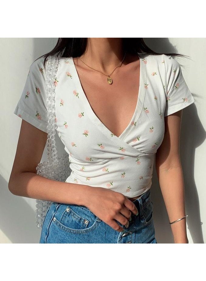 New Arrival Floral Short Navel Elegant Top Women's Summer Slim-fit Slimming V-neck Short-sleeved Korean Style Trendy T-shirt For Women - Image 5