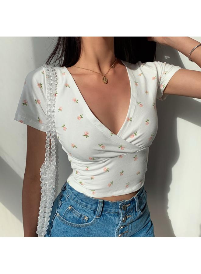 New Arrival Floral Short Navel Elegant Top Women's Summer Slim-fit Slimming V-neck Short-sleeved Korean Style Trendy T-shirt For Women - Image 2