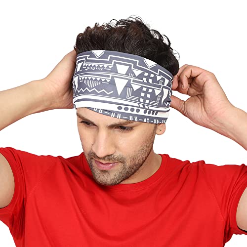 Coreteq Multicolor Sports Sweatband Headband Concealed Seam Micro-Spandex Men and Women (Geometric Grey) Free Size - Image 2