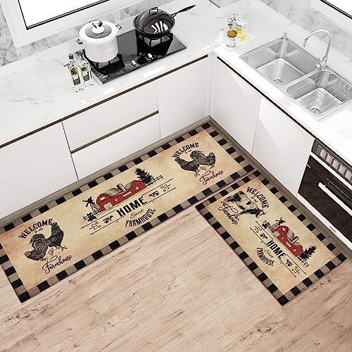 Ideasonna Farmhouse Kitchen Rugs Sets of 2 Decor Brown Country Rustic Cow Rooster Kitchen Rug Non-Slip Washable Farmhouse Kitchen Mats for Floor - Image 3