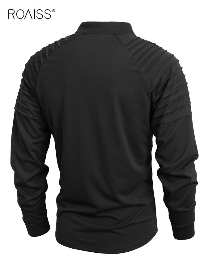 roaiss Men's Casual Long Sleeve Polo Shirt Features Stand Collar Design with Fashionable Pleated Sleeves Zipper Half Placket Closure Regular Fit, Ideal for Spring and Fall Outdoor Sports and Casual Wear - Image 3