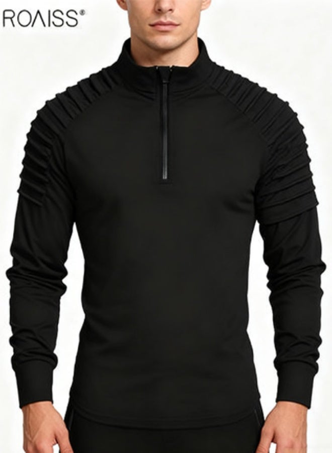 roaiss Men's Casual Long Sleeve Polo Shirt Features Stand Collar Design with Fashionable Pleated Sleeves Zipper Half Placket Closure Regular Fit, Ideal for Spring and Fall Outdoor Sports and Casual Wear - Image 1
