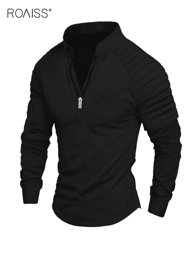 roaiss Men's Casual Long Sleeve Polo Shirt Features Stand Collar Design with Fashionable Pleated Sleeves Zipper Half Placket Closure Regular Fit, Ideal for Spring and Fall Outdoor Sports and Casual Wear - Image 2