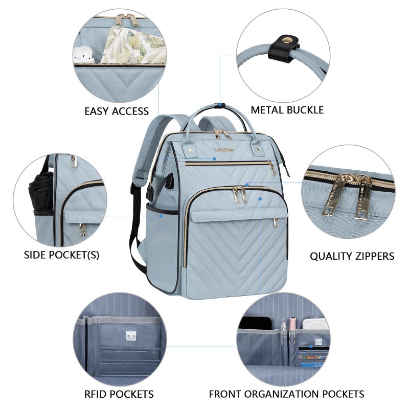 VANKEAN 17 Inch Laptop Backpack for Women Men Fashion Computer Work Bag, Large Capacity Waterproof, with USB Port & RFID Pockets, College Daypack Business Travel Backpack, Light Blue - Image 4