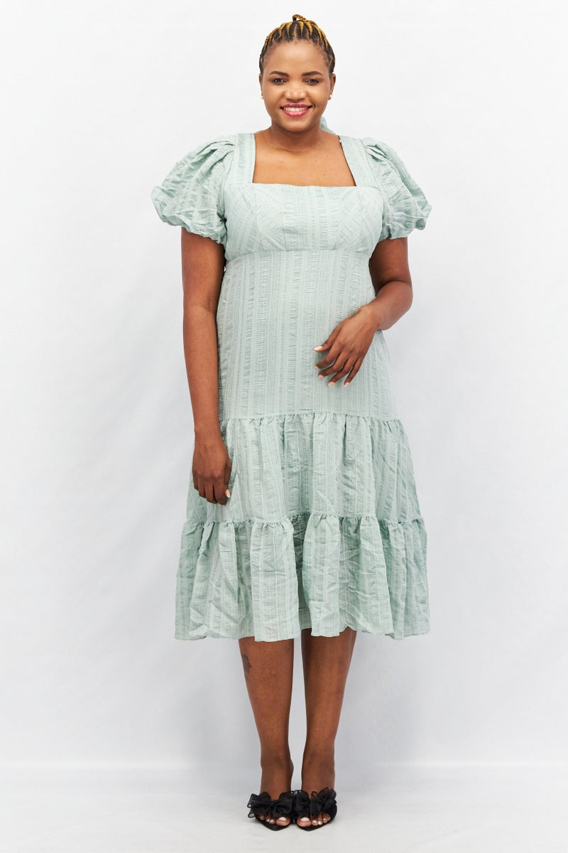 forever new Women Curve Fit Textured Drop Waist Midi Dress, Mint Green - Image 1