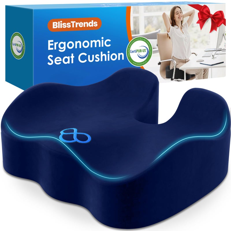 BlissTrends Seat Cushion52in Thick Memory Foam Cushions for Office Chair Car Seat Airplane Relieving Pressure Tailbone Sciatica Back Pain for Long Sitting Office Workers Car Drivers Blue - Image 2