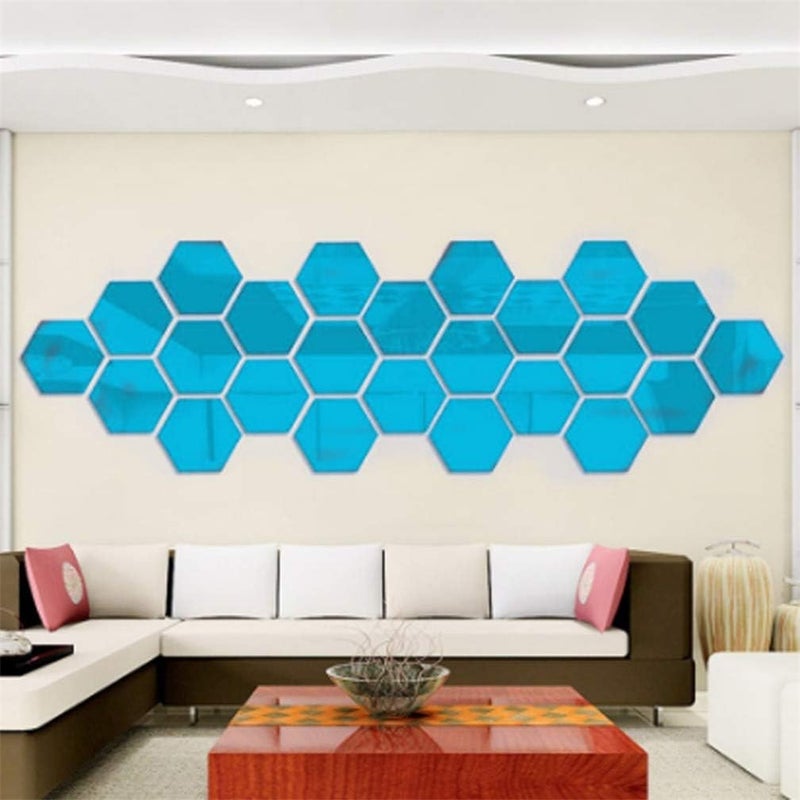 Price Xes ملصقات حائط مرآة سداسية الشكل، 12 قطعة من فن المرايا DIY للديكور المنزلي، صفائح مرآة أكريليك ثلاثية الأبعاد سداسية الشكل، بلاط مرآة بلاستيكي لغرفة المعيشة وغرفة النوم والأريكة والتلفزيون وديكور الحائط (أزرق) - Image 2