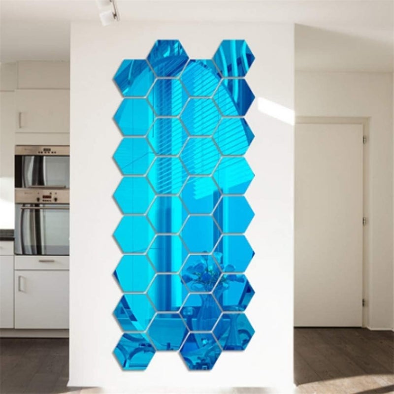 Price Xes ملصقات حائط مرآة سداسية الشكل، 12 قطعة من فن المرايا DIY للديكور المنزلي، صفائح مرآة أكريليك ثلاثية الأبعاد سداسية الشكل، بلاط مرآة بلاستيكي لغرفة المعيشة وغرفة النوم والأريكة والتلفزيون وديكور الحائط (أزرق) - Image 1